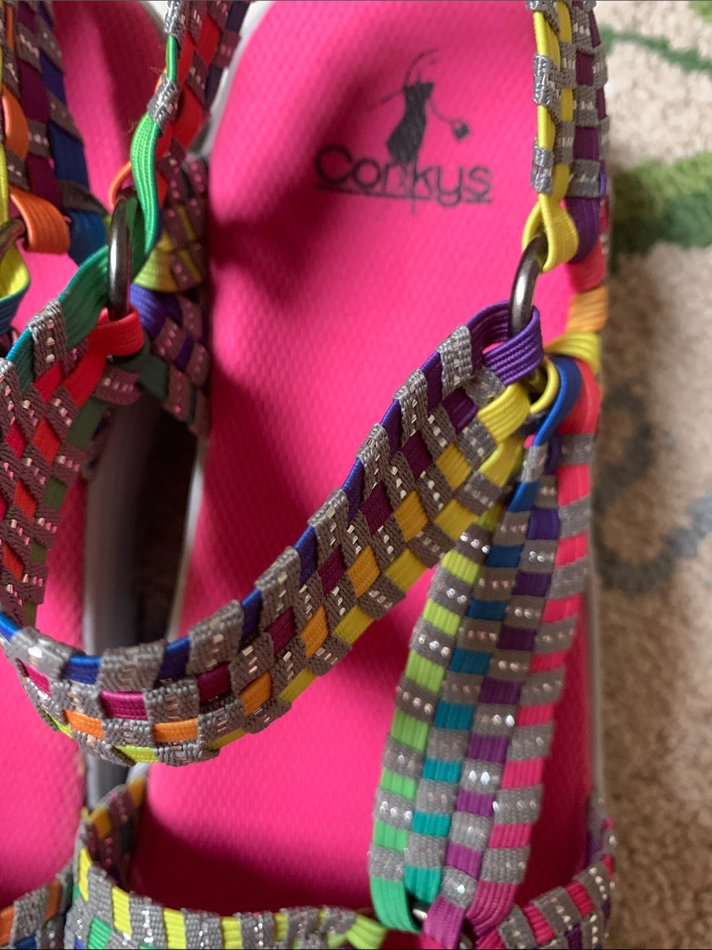 Corkys Hot Pink Footbed Multicolor Woven Slingback Sandals - Picture 2 of 5